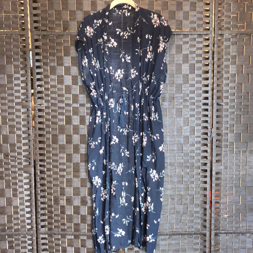 Navy Floral Open Kimono Duster with Waist Tie